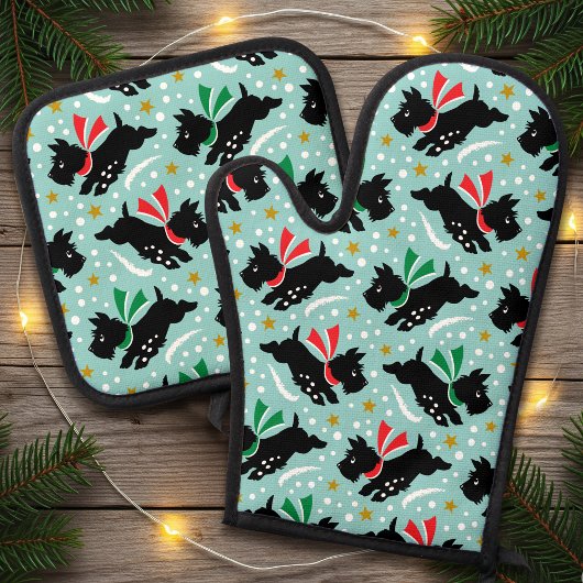 Niedlich Scottie Dog Snow Fun Pet Muster Minze Gre Ofenhandschuh & Topflappen-Set