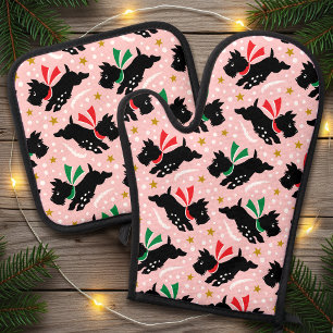 Niedlich Scottie Dog Snow Fun Pet Muster Pink Ofenhandschuh & Topflappen-Set
