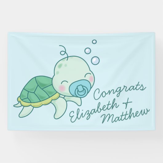 Niedlich Sea Turtle Baby Shower Kawaii Banner Blue (Horizontal)