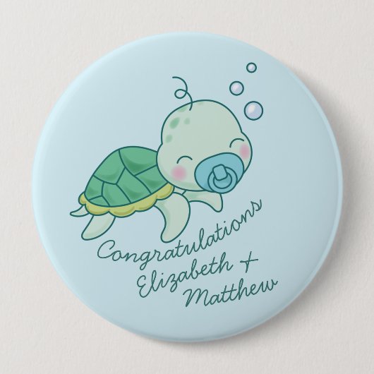 Niedlich Sea Turtle Baby Shower Kawaii Blue Boy Button (Vorderseite)
