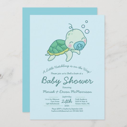 Niedlich Sea Turtle Baby Shower Kawaii Blue Boy Einladung (Vorne/Hinten)