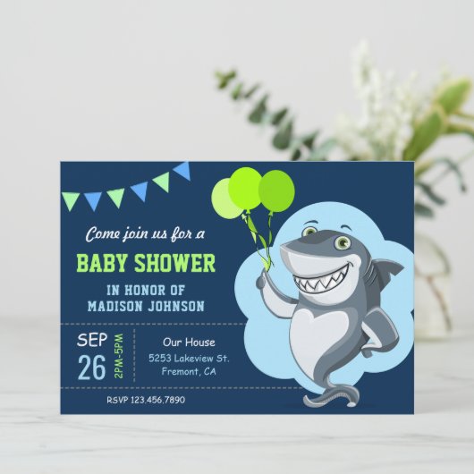 Niedlich Shark Baby Dusche Einladung (Stehend Vorderseite)