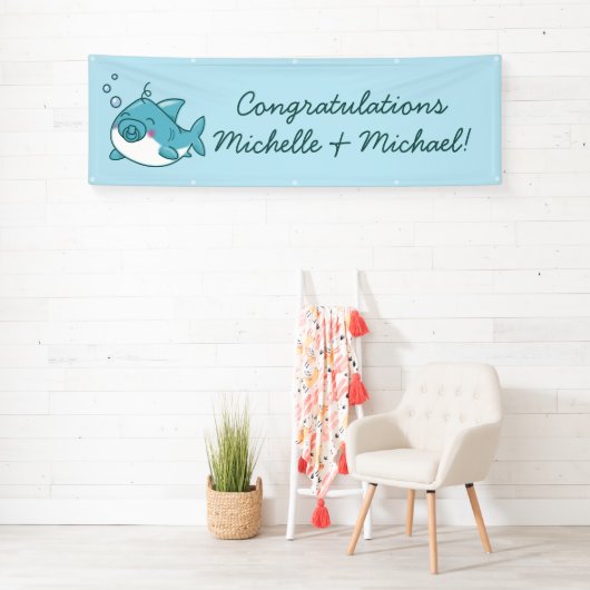 Niedlich Shark Baby Shower Kawaii Blue Boy Banner (Insitu)