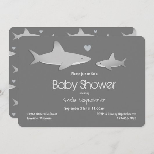 Niedlich Shark Gray Baby Dusche Einladung (Vorne/Hinten)