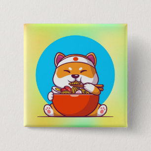 Niedlich Shiba Inu Eating Ramen Noodle Cartoon-230 Button