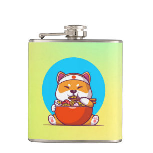 Niedlich Shiba Inu Eating Ramen Noodle Cartoon-230 Flachmann