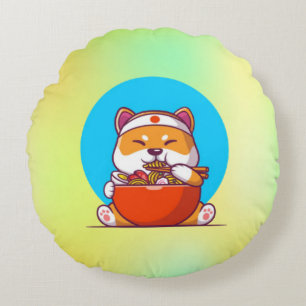 Niedlich Shiba Inu Eating Ramen Noodle Cartoon-230 Rundes Kissen