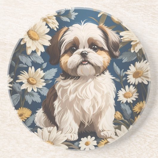 Niedlich Shih Tzu Dog White Daisy Blume Getränkeuntersetzer (Vorne)