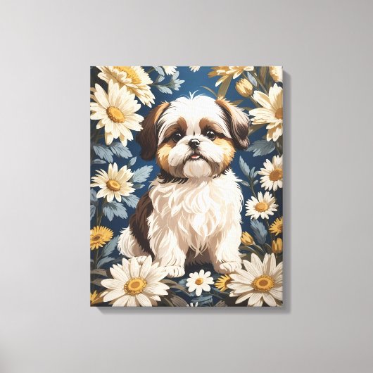 Niedlich Shih Tzu Dog White Daisy Blume Leinwanddruck (Vorderseite)