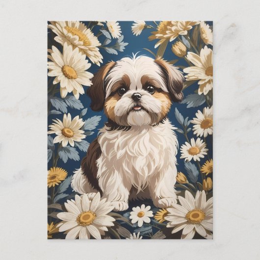 Niedlich Shih Tzu Dog White Daisy Blume Postkarte (Vorderseite)