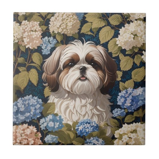 Niedlich Shih Tzu Puppy Blue Hydrangea Blume Fliese (Vorderseite)