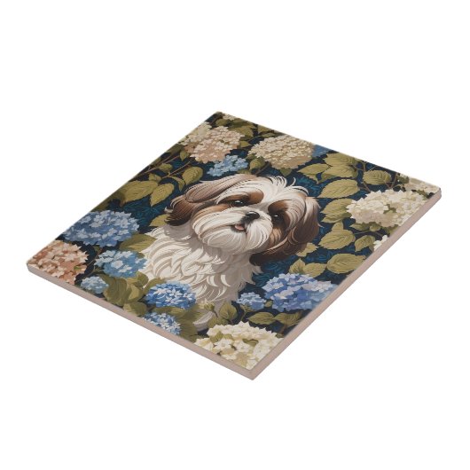 Niedlich Shih Tzu Puppy Blue Hydrangea Blume Fliese (Seite)