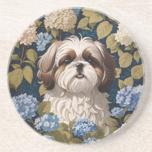 Niedlich Shih Tzu Puppy Blue Hydrangea Blume Getränkeuntersetzer (Vorne)