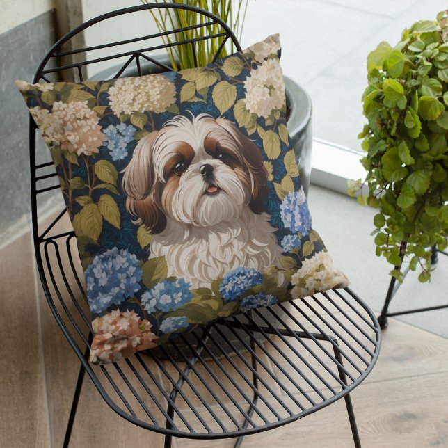 Niedlich Shih Tzu Puppy Blue Hydrangea Blume Kissen (Von Creator hochgeladen)