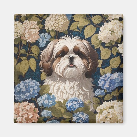 Niedlich Shih Tzu Puppy Blue Hydrangea Blume Magnet (Vorne)