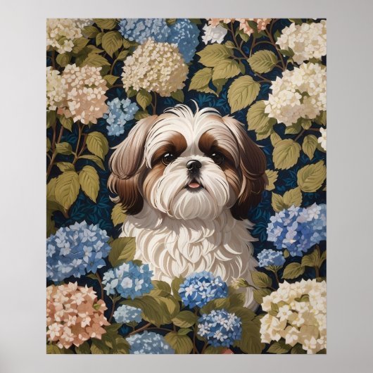 Niedlich Shih Tzu Puppy Blue Hydrangea Blume Poster (Vorne)