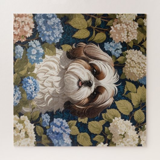 Niedlich Shih Tzu Puppy Blue Hydrangea Blume Puzzle (Horizontal)
