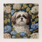 Niedlich Shih Tzu Puppy Blue Hydrangea Blume Puzzle (Vertikal)