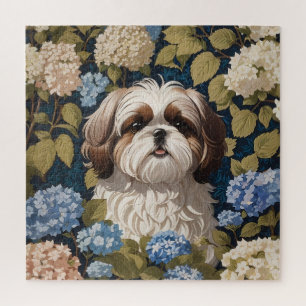 Niedlich Shih Tzu Puppy Blue Hydrangea Blume Puzzle