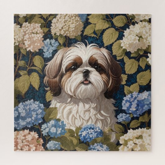 Niedlich Shih Tzu Puppy Blue Hydrangea Blume Puzzle (Vertikal)