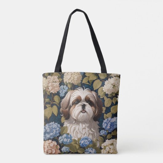 Niedlich Shih Tzu Puppy Blue Hydrangea Blume Tasche (Rückseite)
