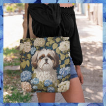 Niedlich Shih Tzu Puppy Blue Hydrangea Blume
