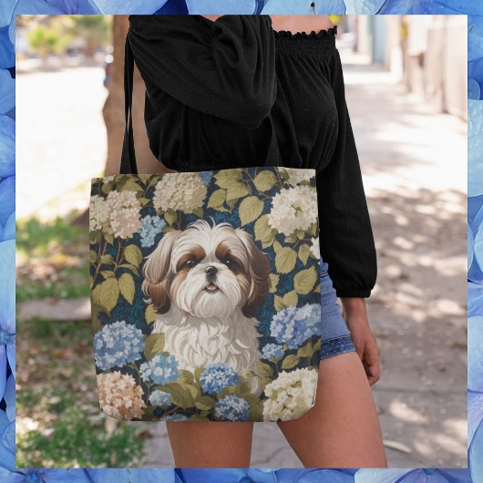 Niedlich Shih Tzu Puppy Blue Hydrangea Blume Tasche