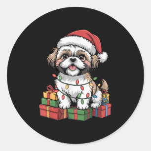 Niedlich Shih Tzu Weihnachtsmannmütze Weihnachten Runder Aufkleber