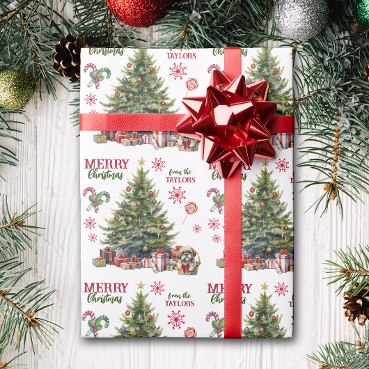 Niedlich Shih Tzu Welpe unter dem Weihnachtsbaum Geschenkpapier