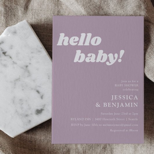 Niedlich Simple Dusty Lilac Hello Baby Dusche Einladung
