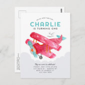 Niedlich Sky Cloud Watercolor Red Airplane Geburts Postkarte (Vorne/Hinten)