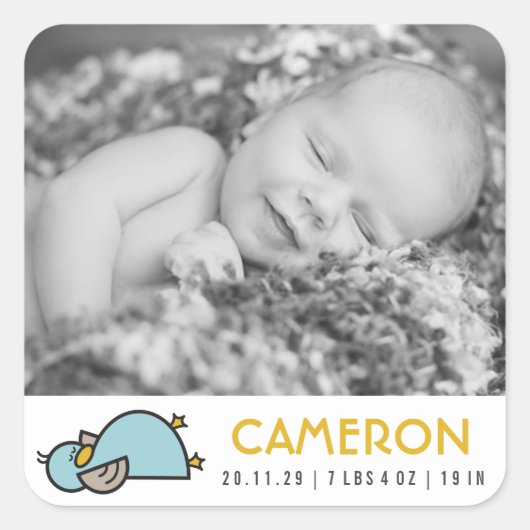 Niedlich Sleepy Duck New Birth Baby Boy Foto Stick Quadratischer Aufkleber (Vorderseite)