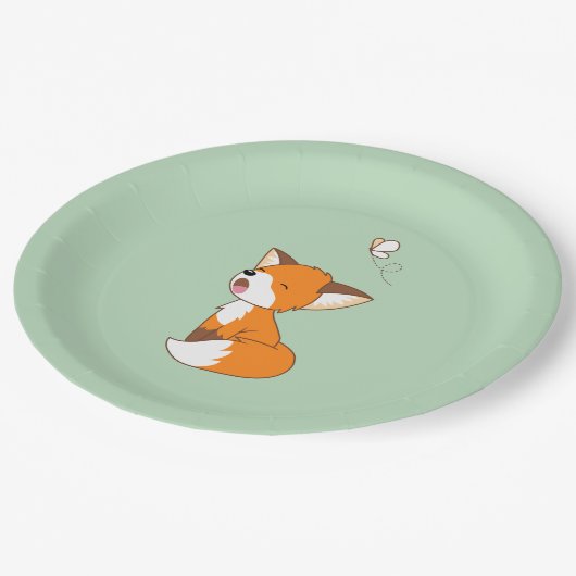 Niedlich Sleepy Little Fox auf Green Pappteller (Schrägansicht)