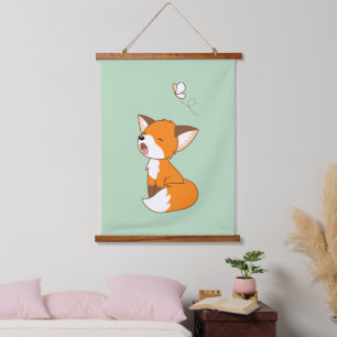 Niedlich Sleepy Little Fox Green Wandteppich Mit Holzrahmen