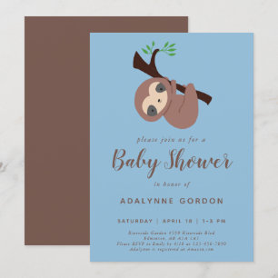 Niedlich Sloth Baby Shower Boy Blue Brown Kawaii Einladung