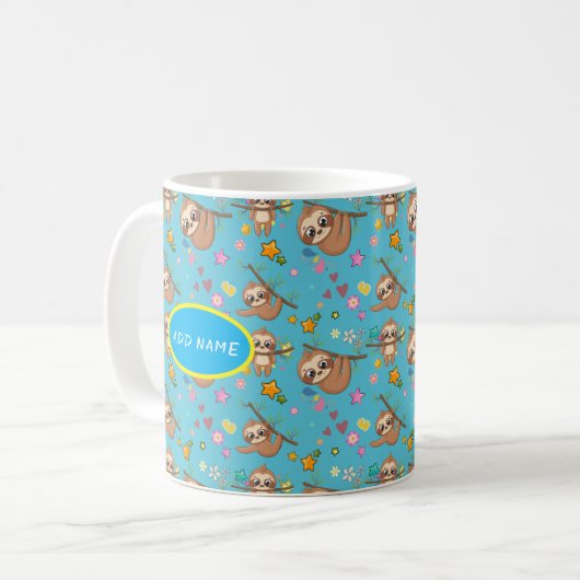 Niedlich Sloth | Blume Vorlage für blaue Musterste Kaffeetasse (Vorderseite Links)