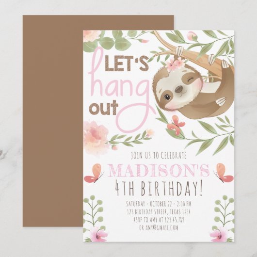 Niedlich Sloth Girl Birthday Einladung (Vorne/Hinten)