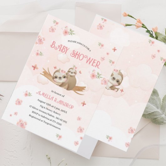 Niedlich Sloth Pink Blume Babydusche Aquarell Inn Einladung