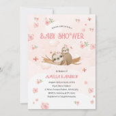 Niedlich Sloth Pink Blume Babydusche Aquarell Inn Einladung (Vorderseite)