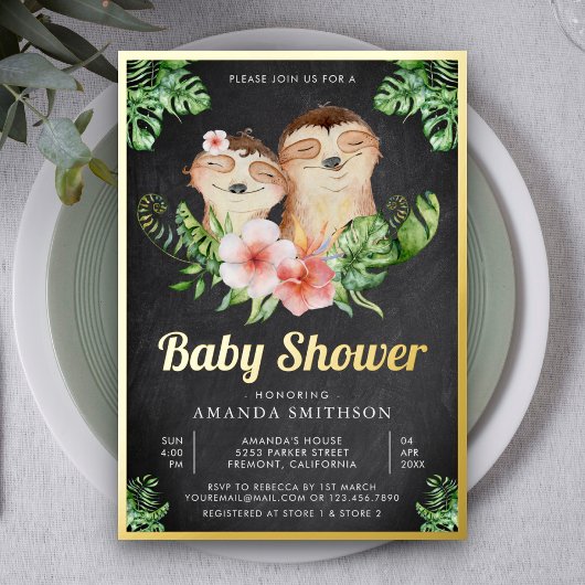 Niedlich Sloth Twins Chalkboard Baby Showroom Gold Folieneinladung