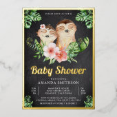 Niedlich Sloth Twins Chalkboard Baby Showroom Gold Folieneinladung (Vorderseite)