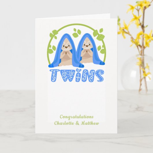 Niedlich Sloth Two Boys New Twin Babys Karte (Gelbe Blume)