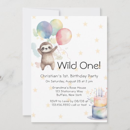 Niedlich Sloth Watercolor Balloons Wild One Birthd Einladung (Vorderseite)