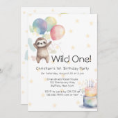 Niedlich Sloth Watercolor Balloons Wild One Birthd Einladung (Vorne/Hinten)