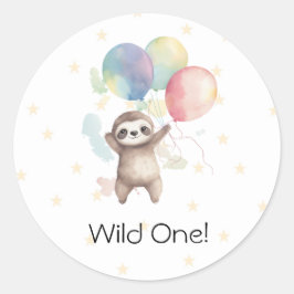 Niedlich Sloth Watercolor Balloons Wild One Birthd Runder Aufkleber