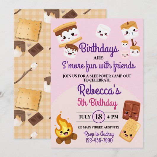 Niedlich S'mores Campout Geburtstagsparty Einladung (Vorne/Hinten)