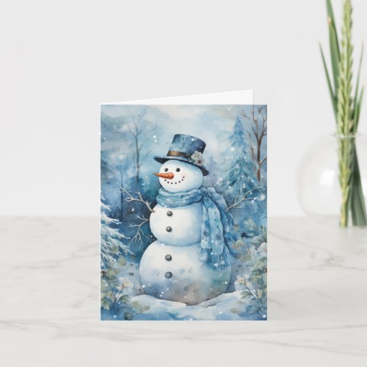 Niedlich Snowman Blue Hat & Scarf Blume Bäume Leer Karte (Vorderseite)