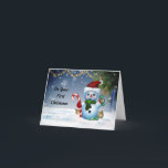 Niedlich Snowman First Christmas Card Feiertagskarte<br><div class="desc">Auf dieser 1. Weihnachtskarte steht ein schönes Bild eines Schneemanns mit Fingern und einem Hut des Weihnachtsmanns, der einen Bonbonstock hält. An der Vorderseite der Karte steht: "An eurem ersten Weihnachten". Im Inneren der Karte steht: "Möge die Magie und Staunen füllen Sie mit Freude! Frohe Weihnachten für dich". Eine niedliche...</div>