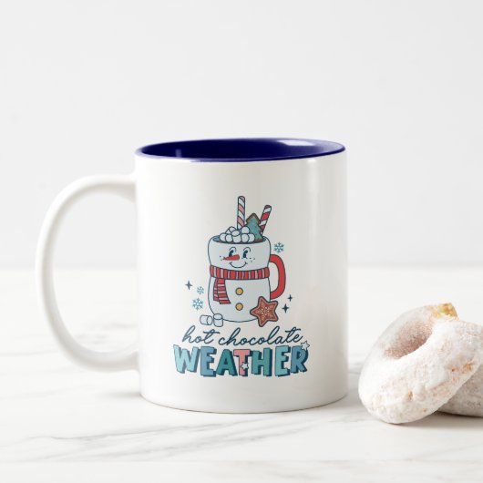Niedlich Snowman Hot Chocolate Weather Retro Zweifarbige Tasse (Mit Donut)