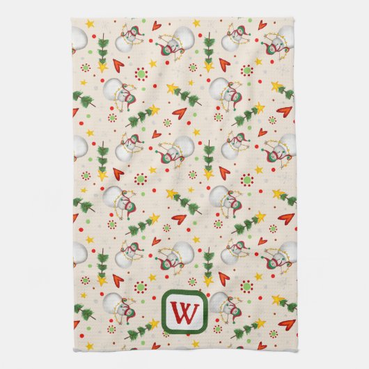 Niedlich Snowman Monogram Erstweihnachtsfest Geschirrtuch (Vertikal)